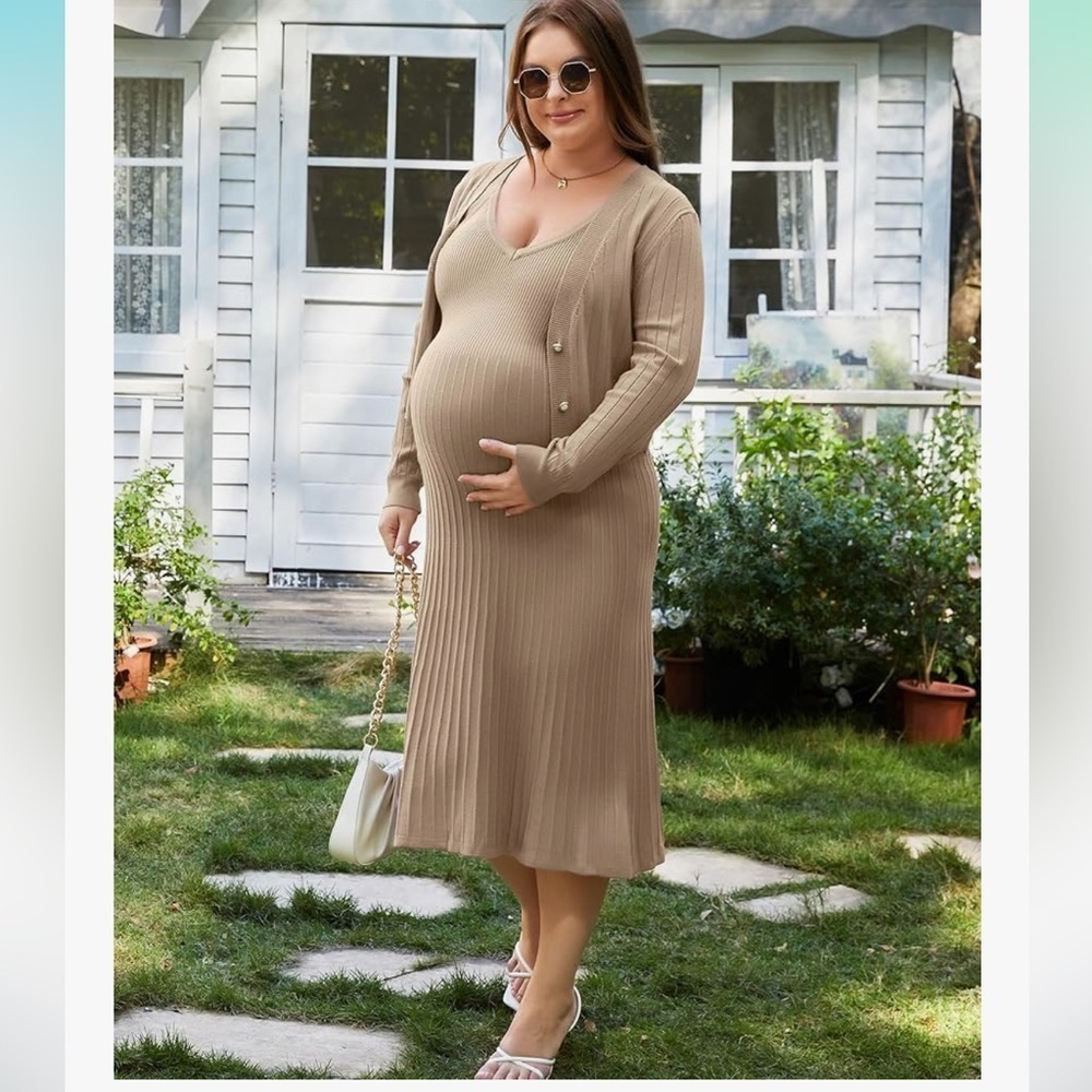 NWT Maternity Dress Midi Bodycon Pleated A-Line w/matching Cropped Cardigan - Picture 4 of 6